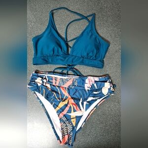 Teal Green and Coral Patterned Bikini Swim Set High Waisted Ruched Bottom New